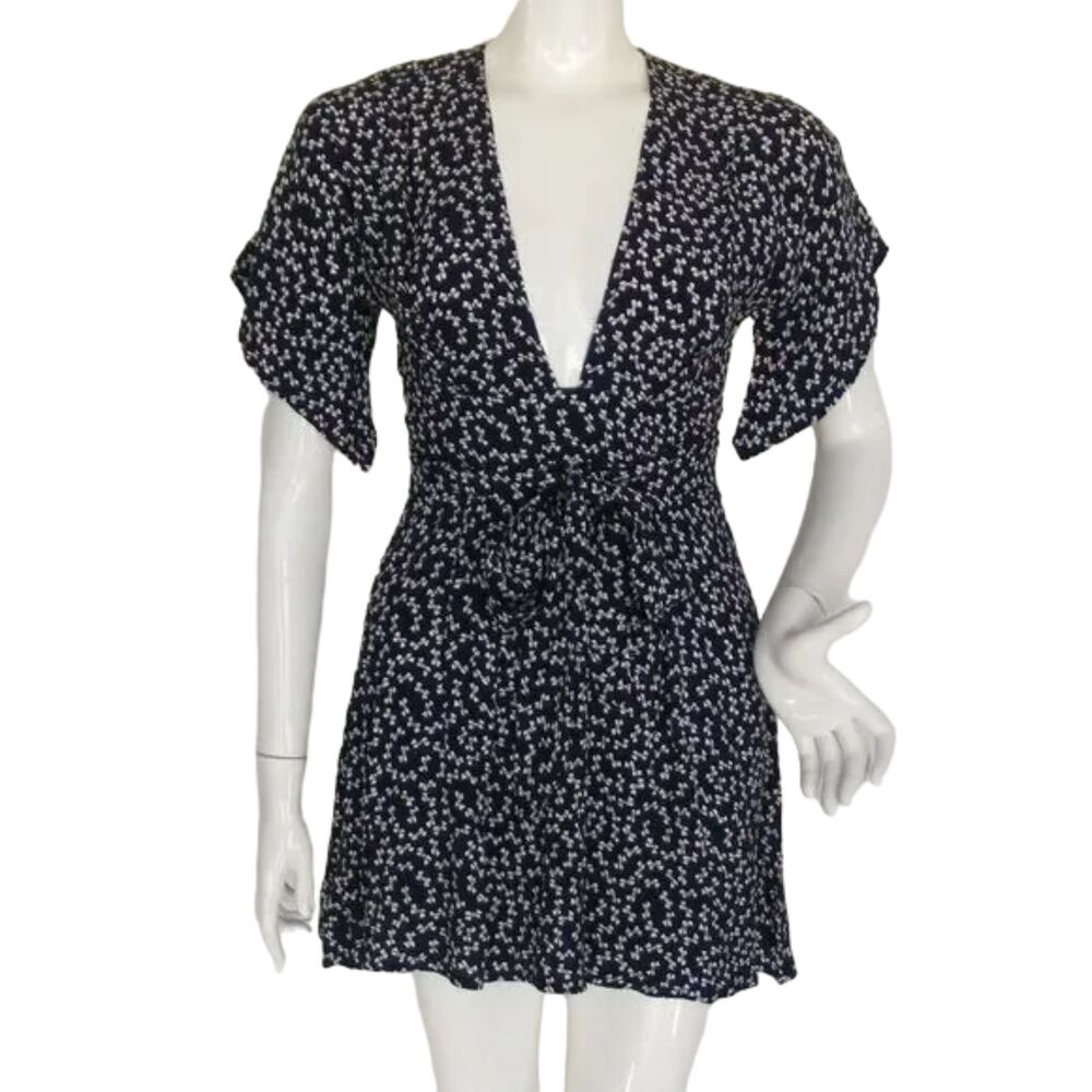 FAITHFULL THE BRAND Mini Dress, 2, Navy blue/White Bows, Plunging neckline